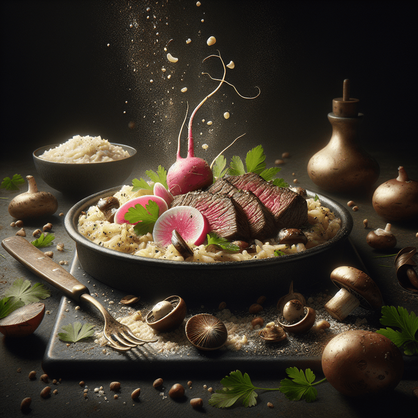 Bœuf aux Radis et Châtaignes, accompagné de Risotto aux Champignons