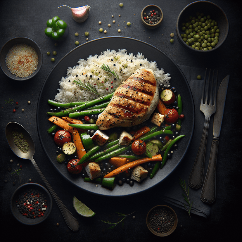 Riz complet aux légumes et poulet grillé