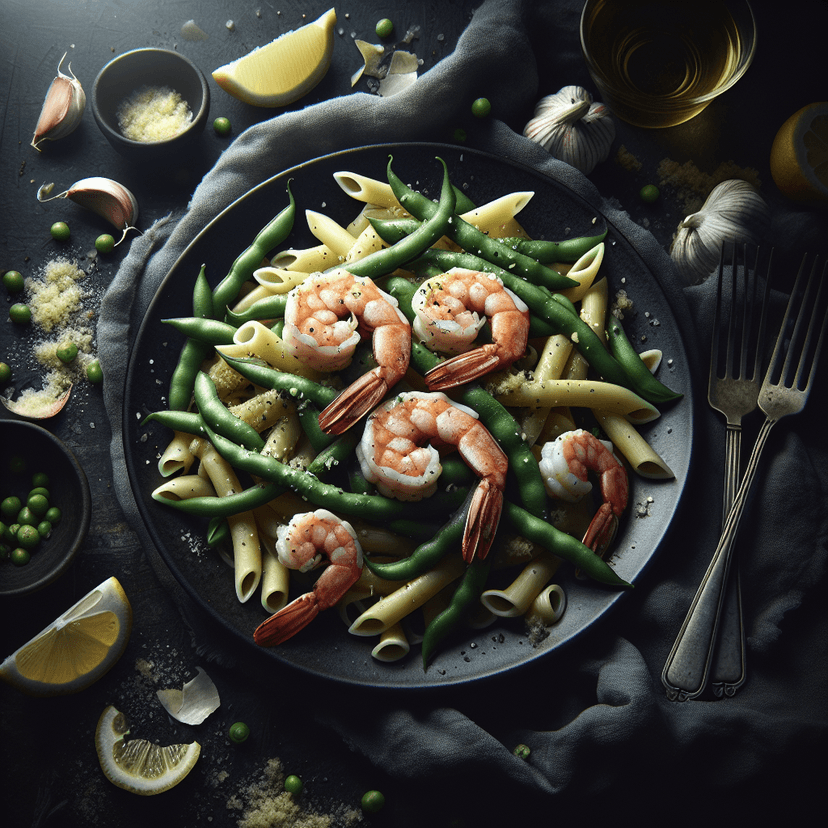 Pâtes aux crevettes et haricots plats citronnés