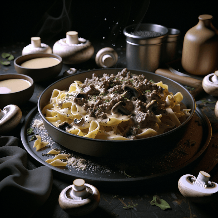 Pâtes crémeuses aux champignons et steak haché