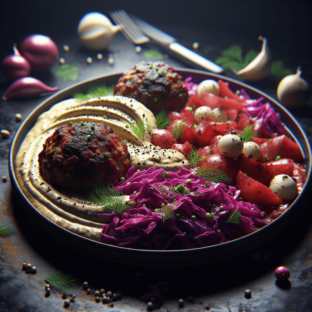 Grosse Boulette avec Salade de Chou Rouge et Sauce Houmous