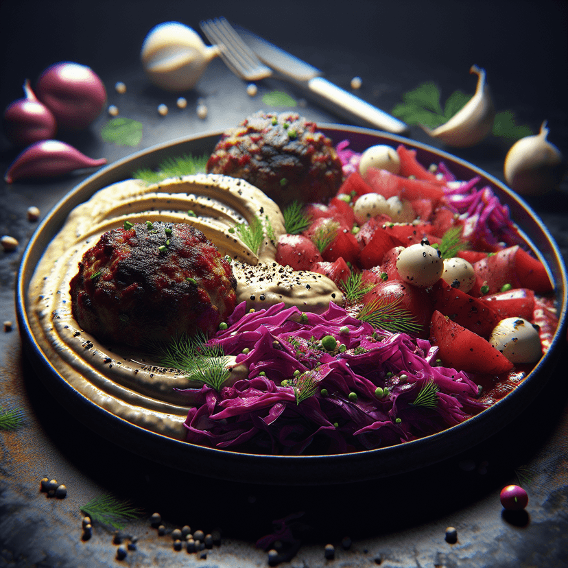 Grosse Boulette avec Salade de Chou Rouge et Sauce Houmous
