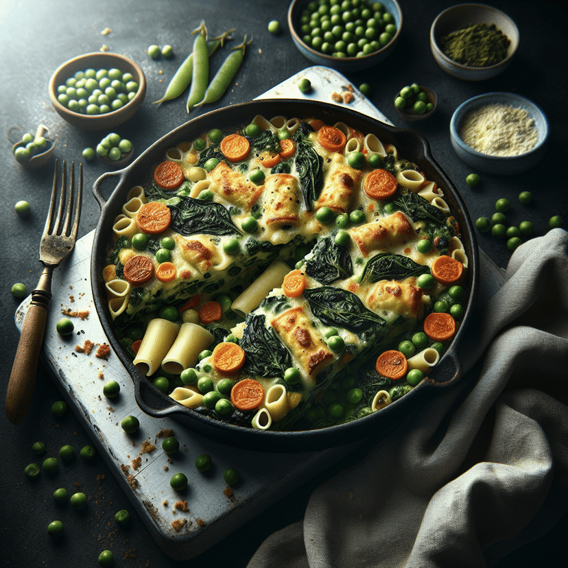 Gratin de pâtes aux épinards, petits pois et légumes