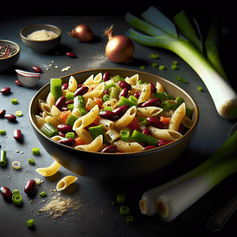 Salade tiède de coquillettes aux poireaux et haricots rouges