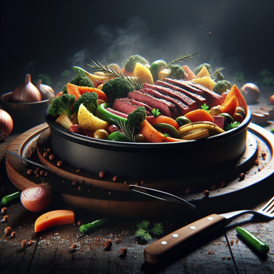 Picanha aux légumes rôtis et pâtes