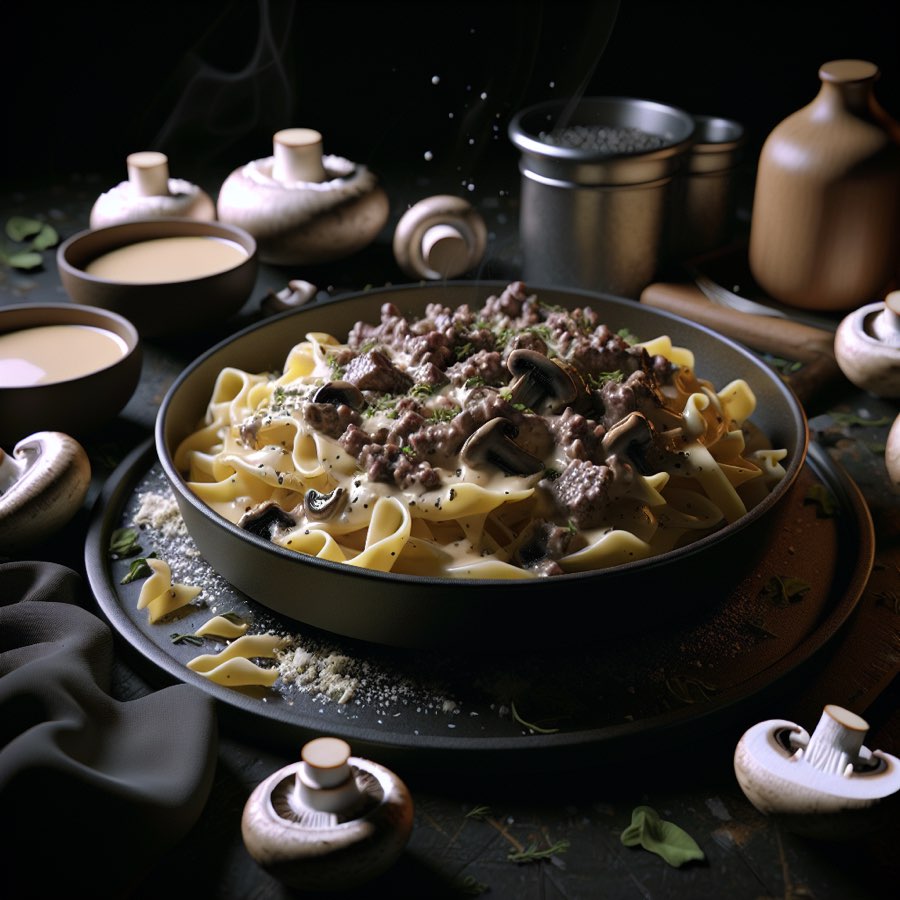 Pâtes crémeuses aux champignons et steak haché