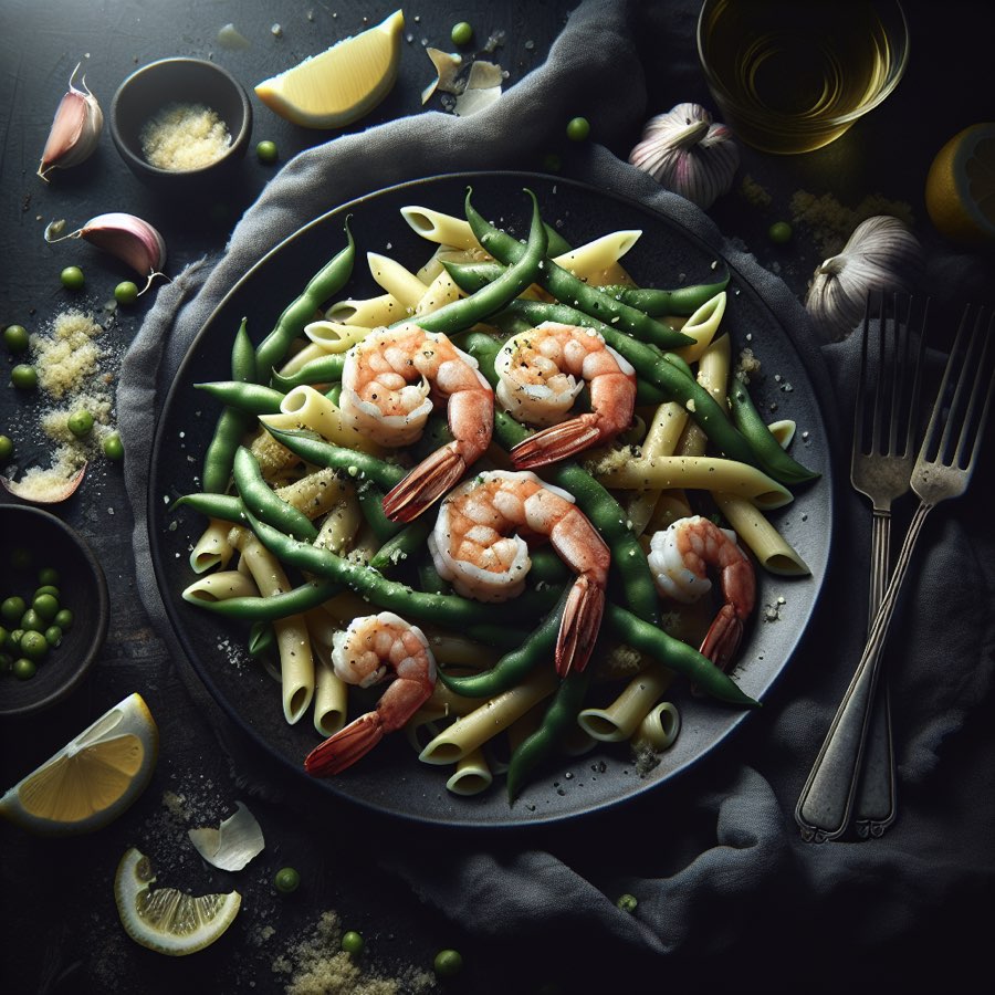 Pâtes aux crevettes et haricots plats citronnés